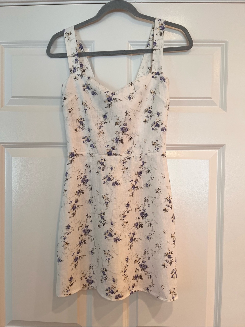 Reformation Miso Linen Mini Dress Size 2 White Blue Floral Sweetheart Neckline